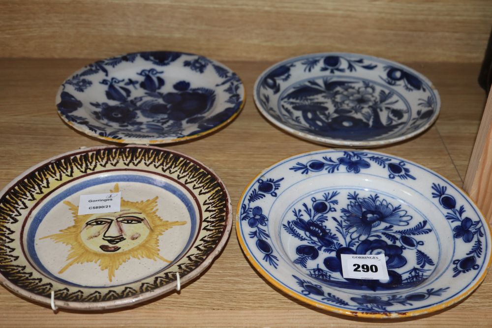 A collection of five 18th century Delft dishes, largest diameter 23cm